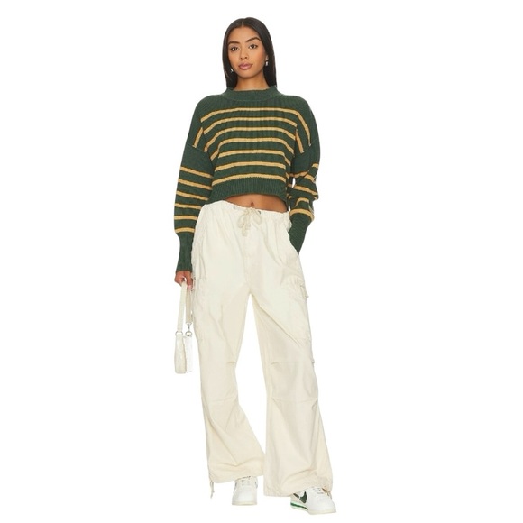 Free People Stripe Easy Street Crop Sweater Green and Tan Size Large #1884. - Picture 3 of 10